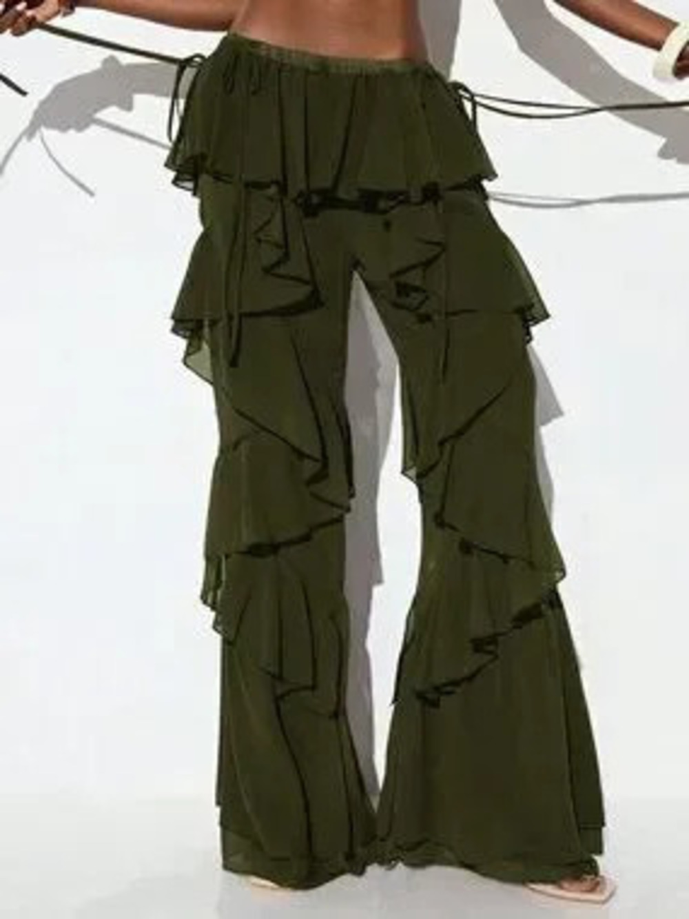 ZARA Olive Green Casual Women's Chiffon Low Waist Ruffle Trim Pants